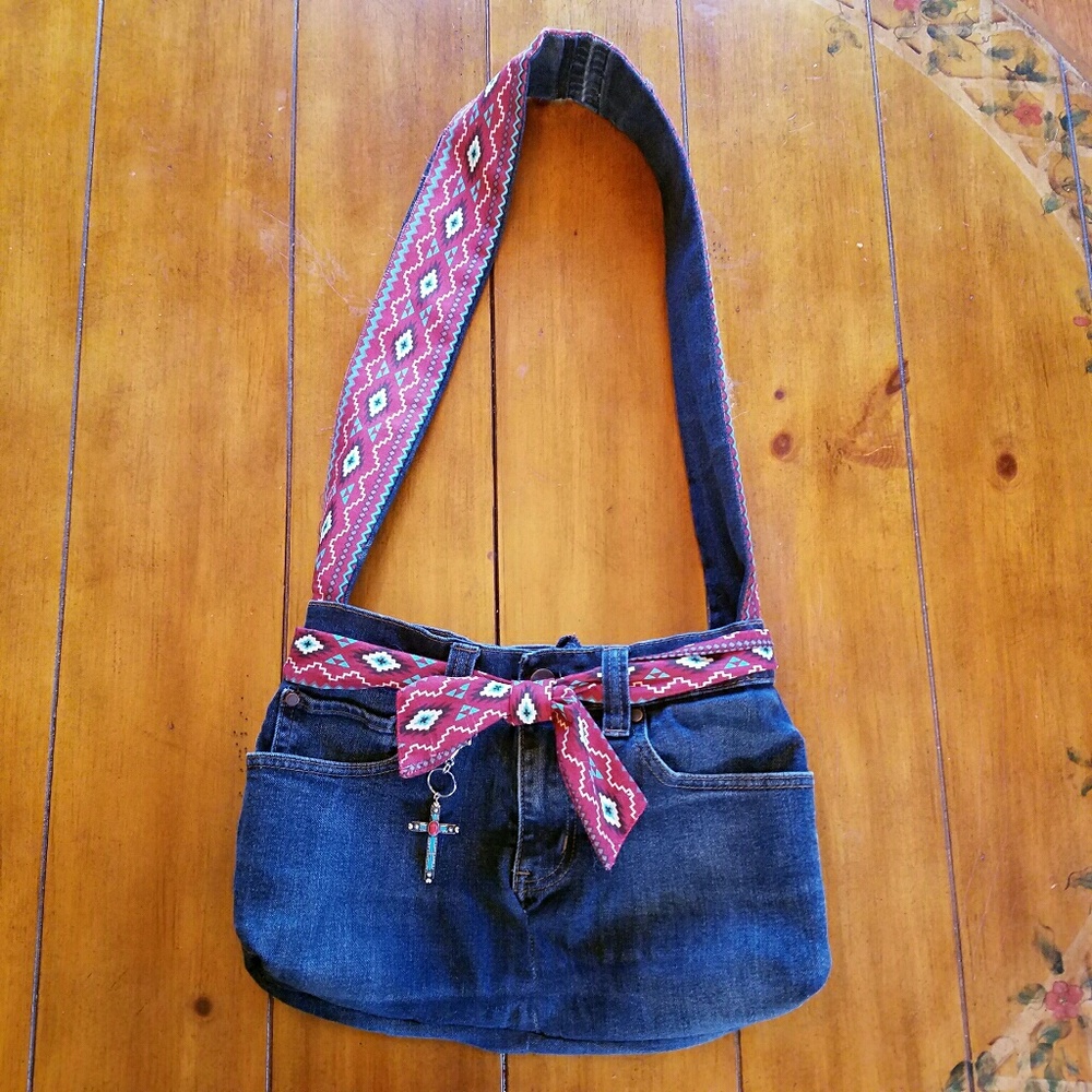 Boho upcycled handmade Reversible Crossbody/Shoulder Bag